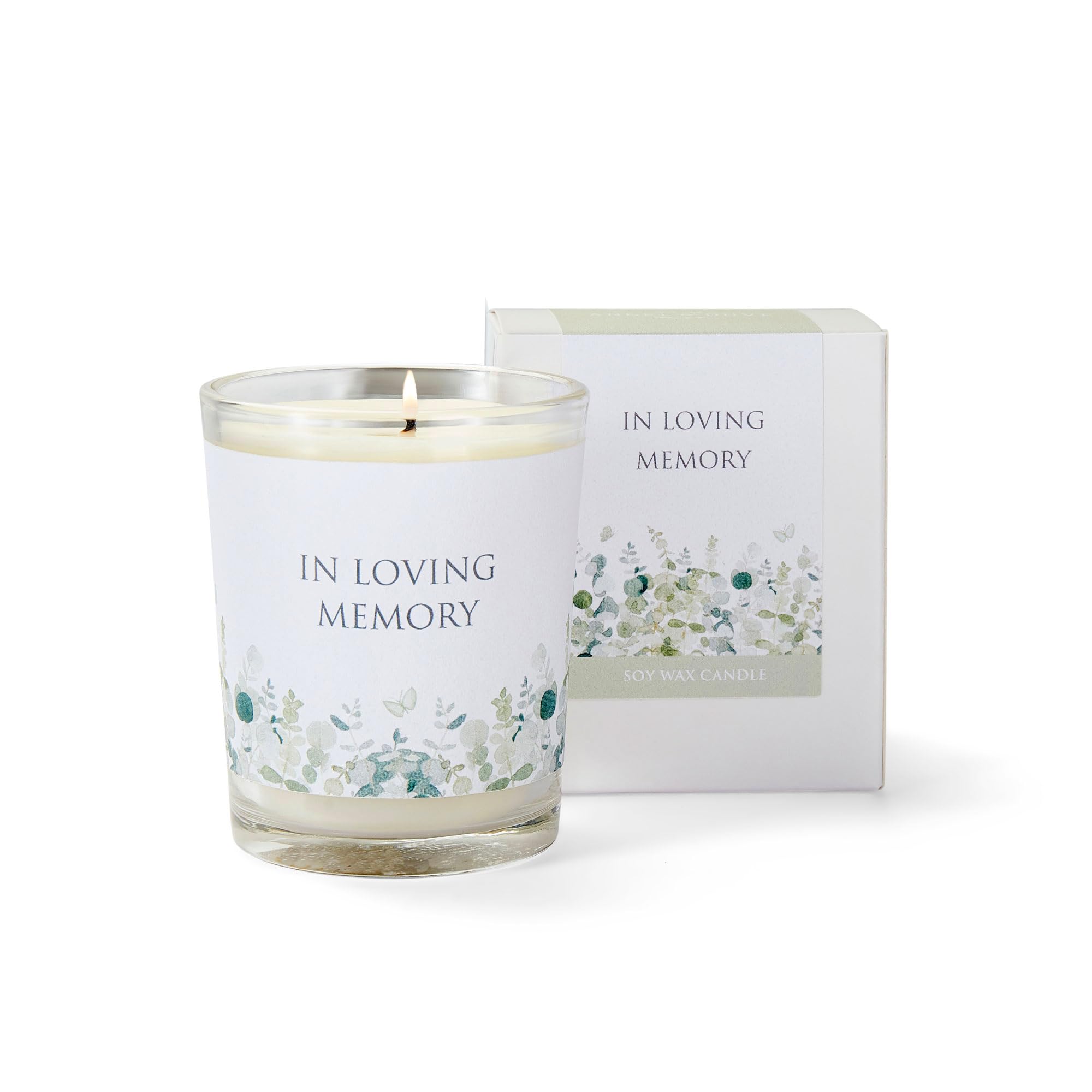 Angel & Dove White, Green In Loving Memory 90Ml Votive Candle - Botanical Eucalyptus Leaves Design - Funeral Favour Or Sympathy Gift