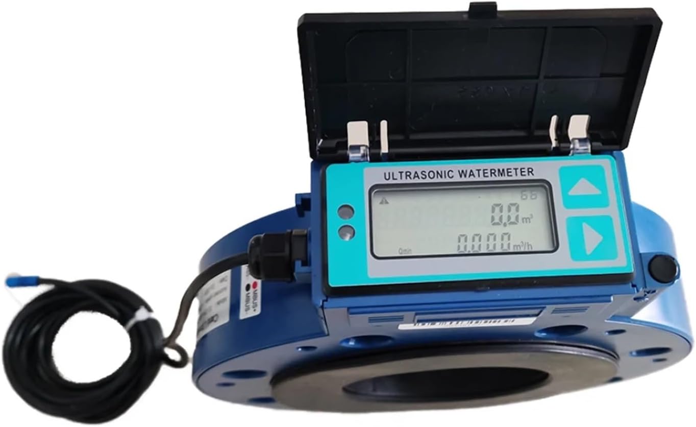 Close-up view of the BUUBO Ultrasonic Water Flow Meter's LCD display and control buttons
