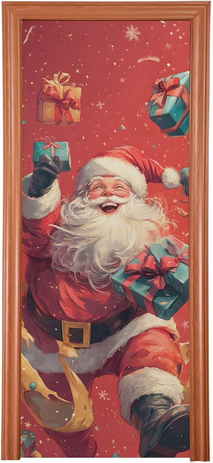 Qilmy Cute Santa Claus Holding Gift Box - 35x79in Door Cover, Window Decoration for House, Living Room, Corridor, Parties, Shopping Mall, Christmas