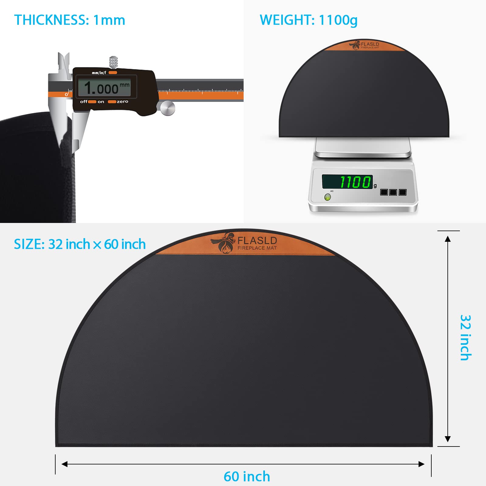 FLASLD Ognioodporna mata kominkowa 81 x 152 cm półokrągły dywan chroni podłogi przed iskrami żaru, czarna z brązową etykietą