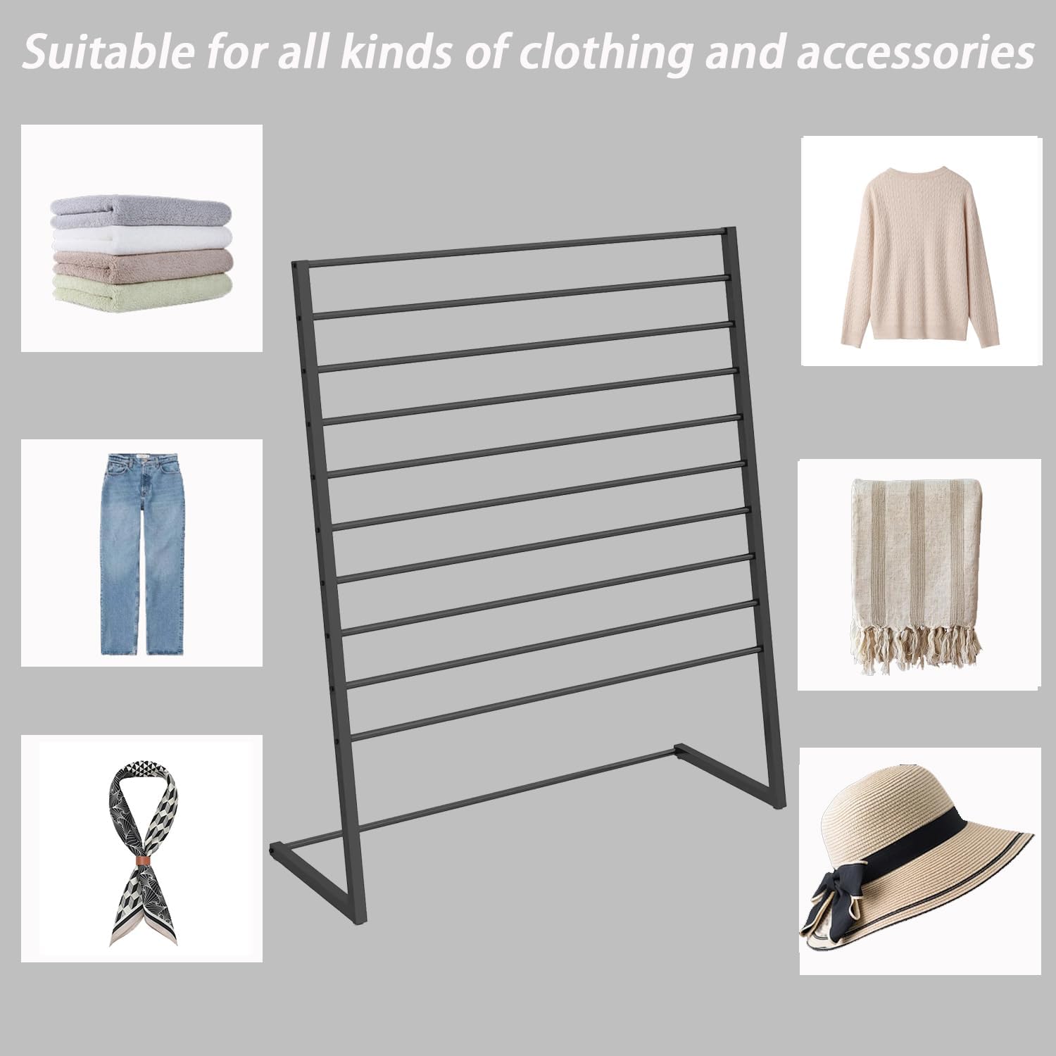 Freestanding Scarf Rack,Metal Scarf Display Stand,10 Tier Metal Scarf Holder Organizer,Floor-Standing Metal Holder,for Home Clothing Store Space Saving Hanger,Black,47 *,Black,39 * 57In