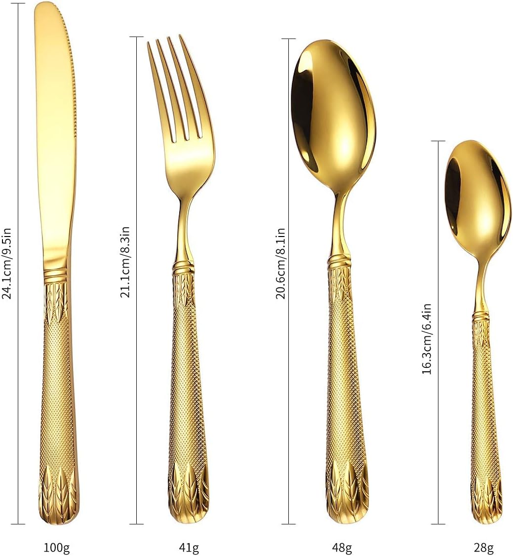 Cutlery Set with Wheat Ears Relief Carving,Stainless Steel Heavy Duty Silverware Set, Knife Fork Spoon Set，Silver for 4 Set 16pcs