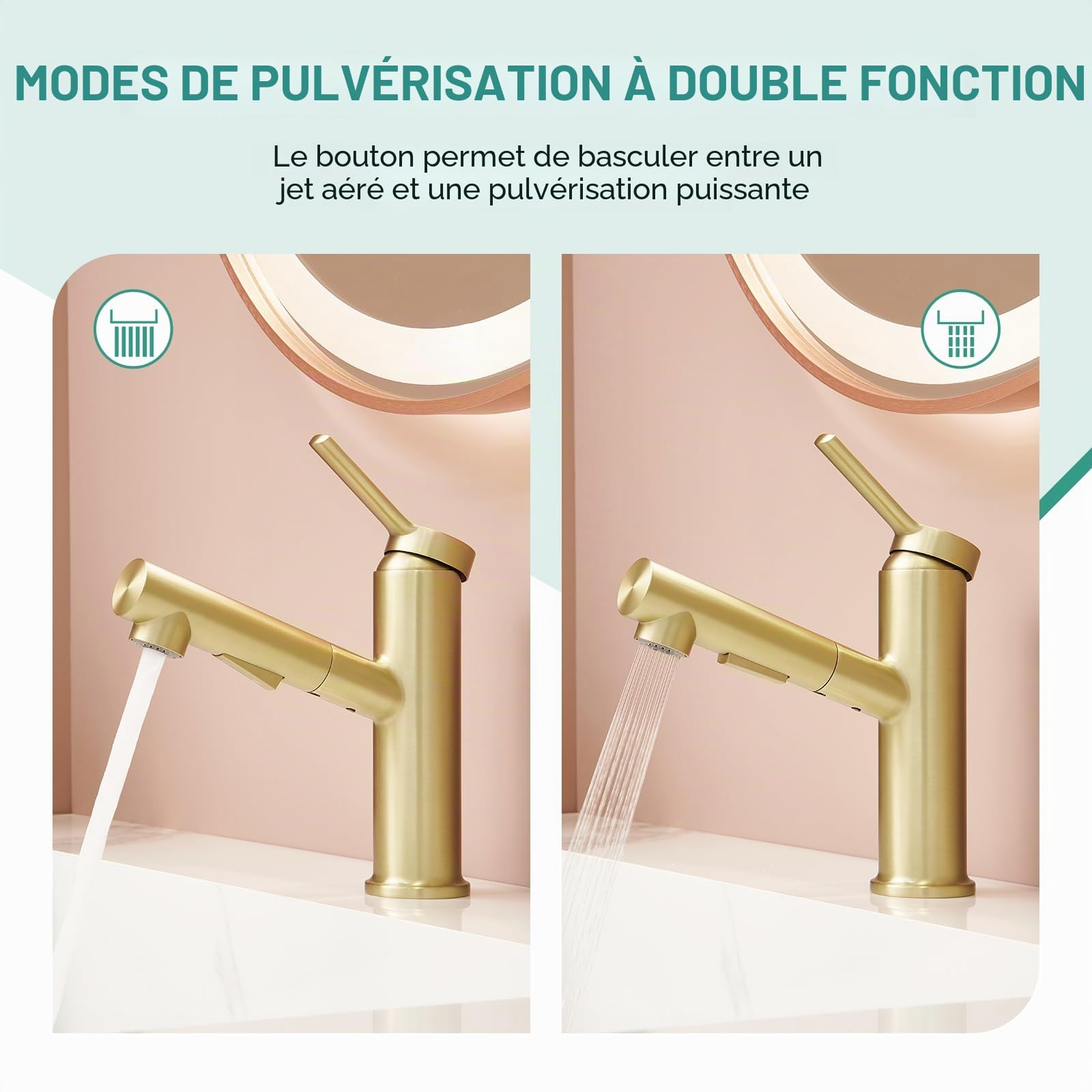 Faustina Robinet Salle de Bain pour Lavabo avec Douchette Extractible, Mitigeur Monocommande Monotrou, Or