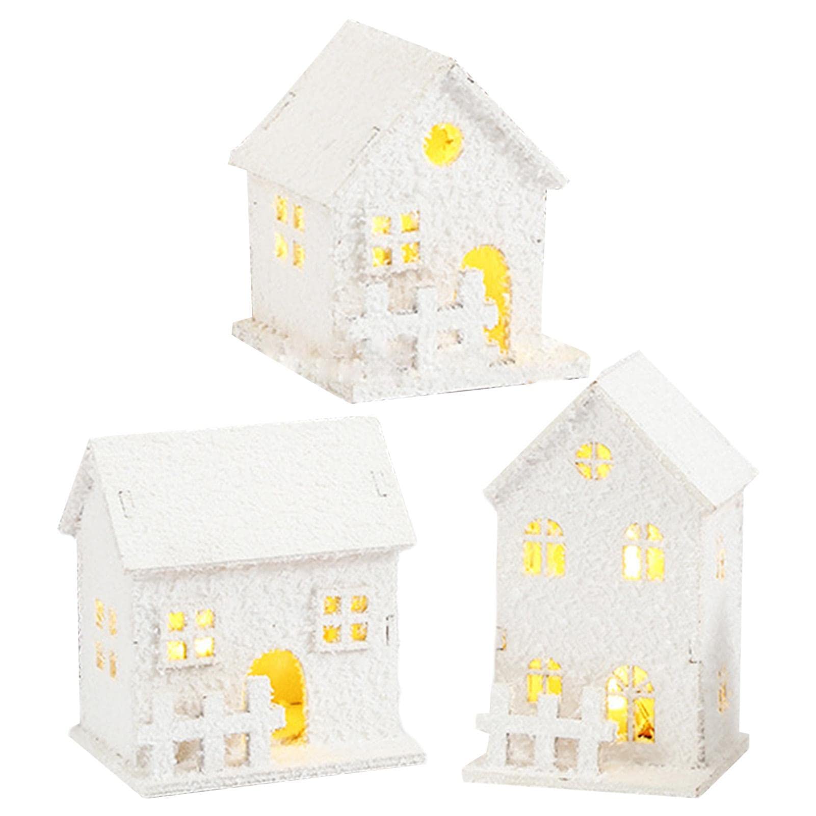 3 Piezas Pueblo de Navidad, Pueblo Navideño con Luces, Casas de Nieve Miniatura, Casita Navidad LED, Decoración Navideña Americana Madera Pilas Exquisita Luminosa Cabaña Farolillo Casa Invierno