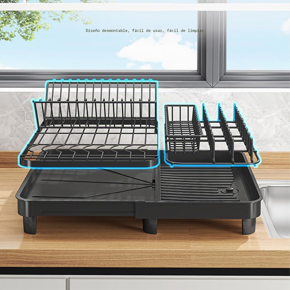 YunNasi Escurreplatos Extensible 32-52,5 cm, Escurridor Platos | Grande, en Acero al Carbono, Con Bandeja Recogegotas, Portacubiertos