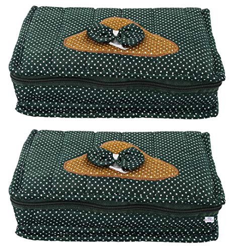 Image of Heart Home Cotton Multipurpose 7 Pocket Dot Printed Jewellery Storage Bag Pouch /Travel Kit Organizer (Green)-Pack of 2-HHEART15425