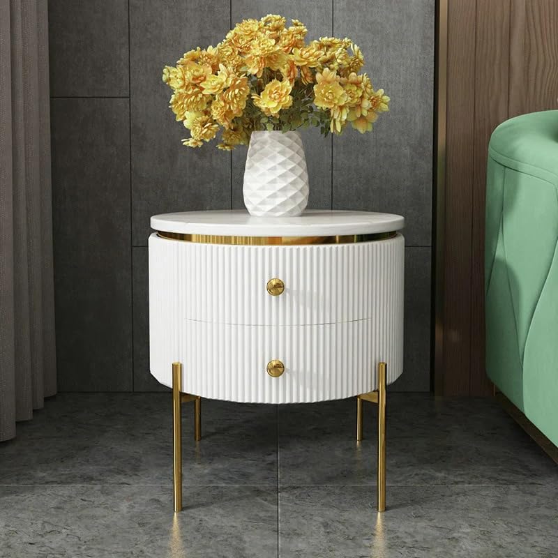 Image of Spain Bedside Table with 2 Drawers, 18x18x18 Inch, Round Sintered Marble Top, Gold Metal Legs & Handle, Waterproof Plywood Body, Modern Side Table for Sofa /Bedroom (White)