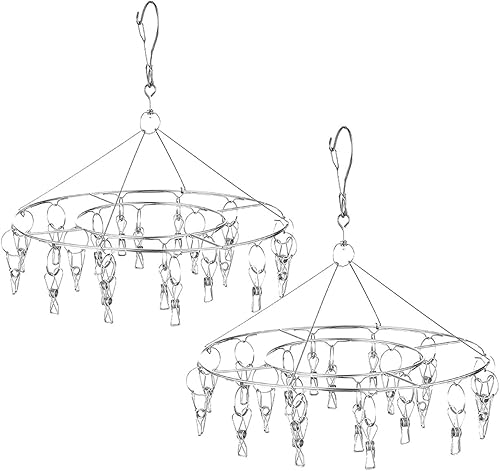 CenYouful Paquete de 2 estantes de secado redondos de acero inoxidable con 20 clips para secar calcetines, ropa de bebé, brasieres, toallas, ropa