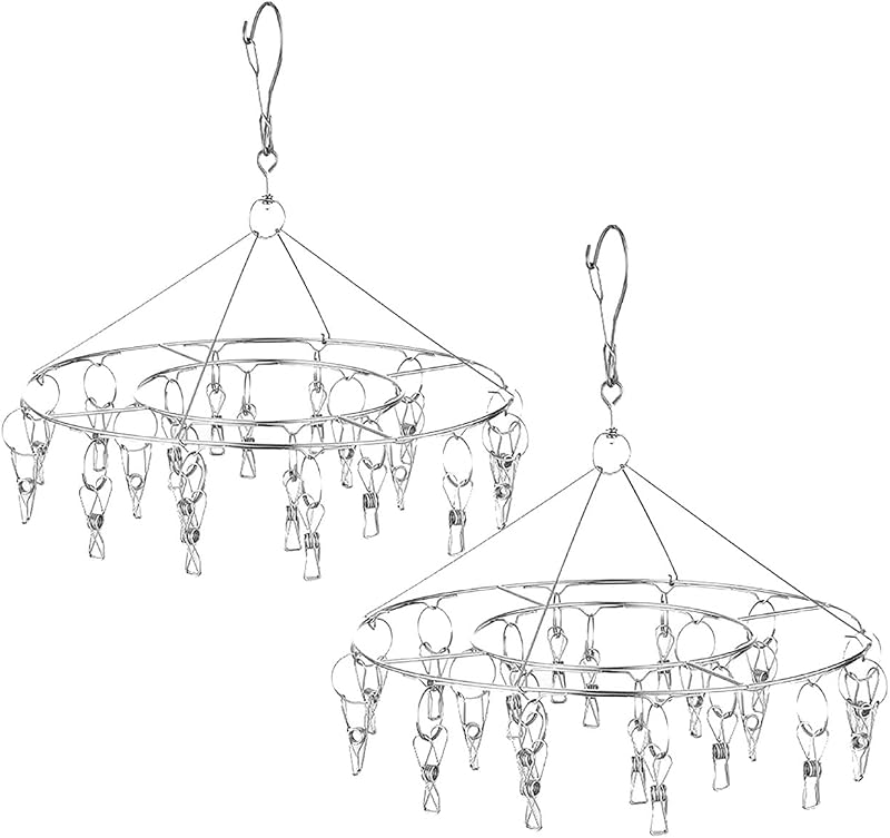 Paquete de 2 tendederos colgantes redondos de acero inoxidable con 20 clips para secar medias, ropa de bebé, sujetadores, toallas, ropa interior, sombreros, bufandas, pantalones, guantes