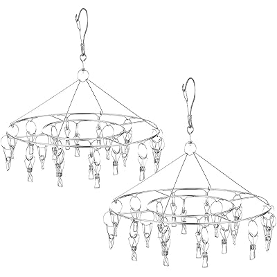 CenYouful 2 Pack Stainless Steel Round Hanging Drying Rack with 20 Clips for Drying Socks, Baby Clothes, Bras, Towel, Underwear, Hat, Scarf, Pants, Gloves