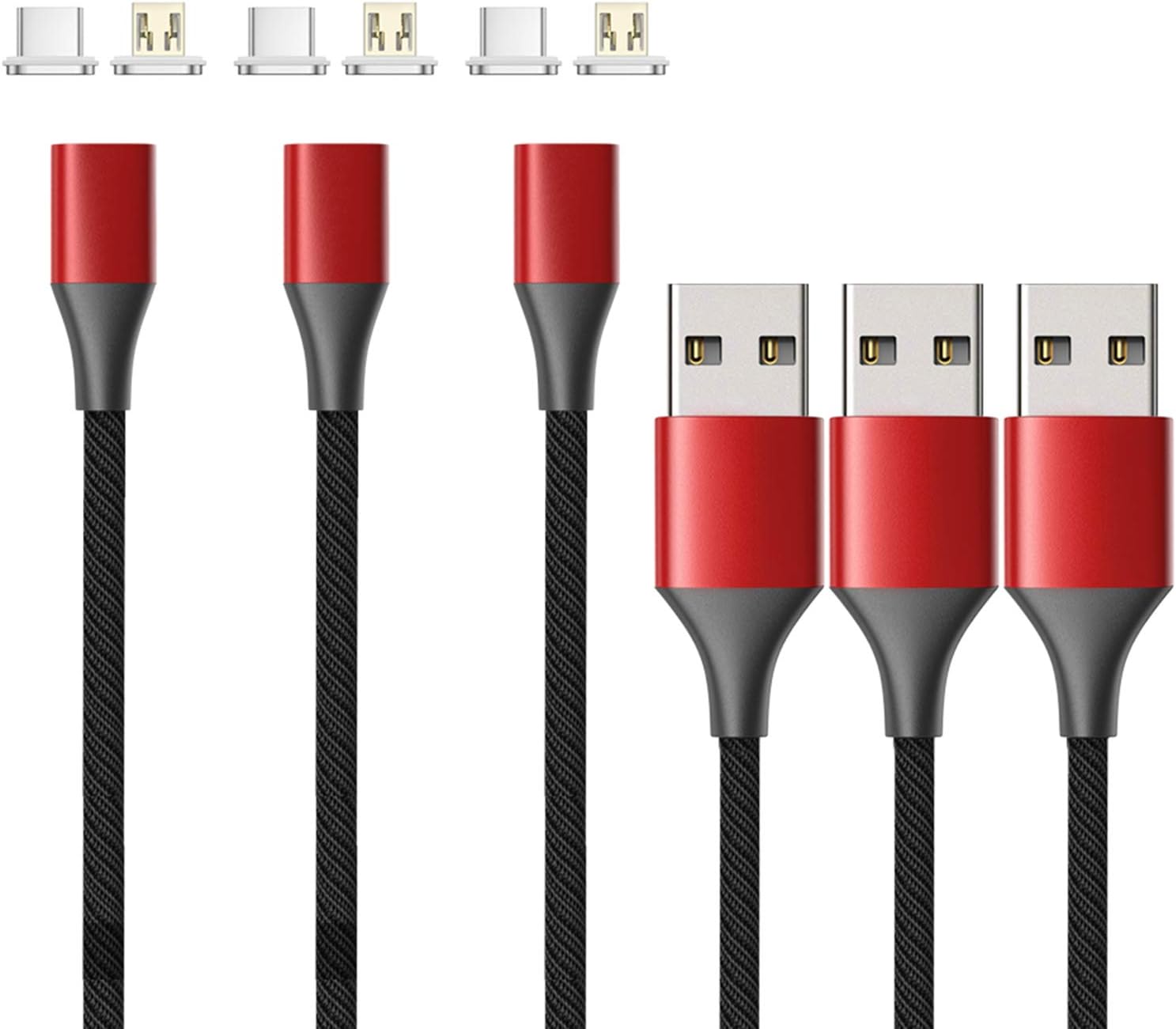 NetDotGen10 Micro USB and USB-C Nylon Braided Magnetic Fast Charging Cable with Side LED Compatible with Android Device(3.3ft/3 Pack red)