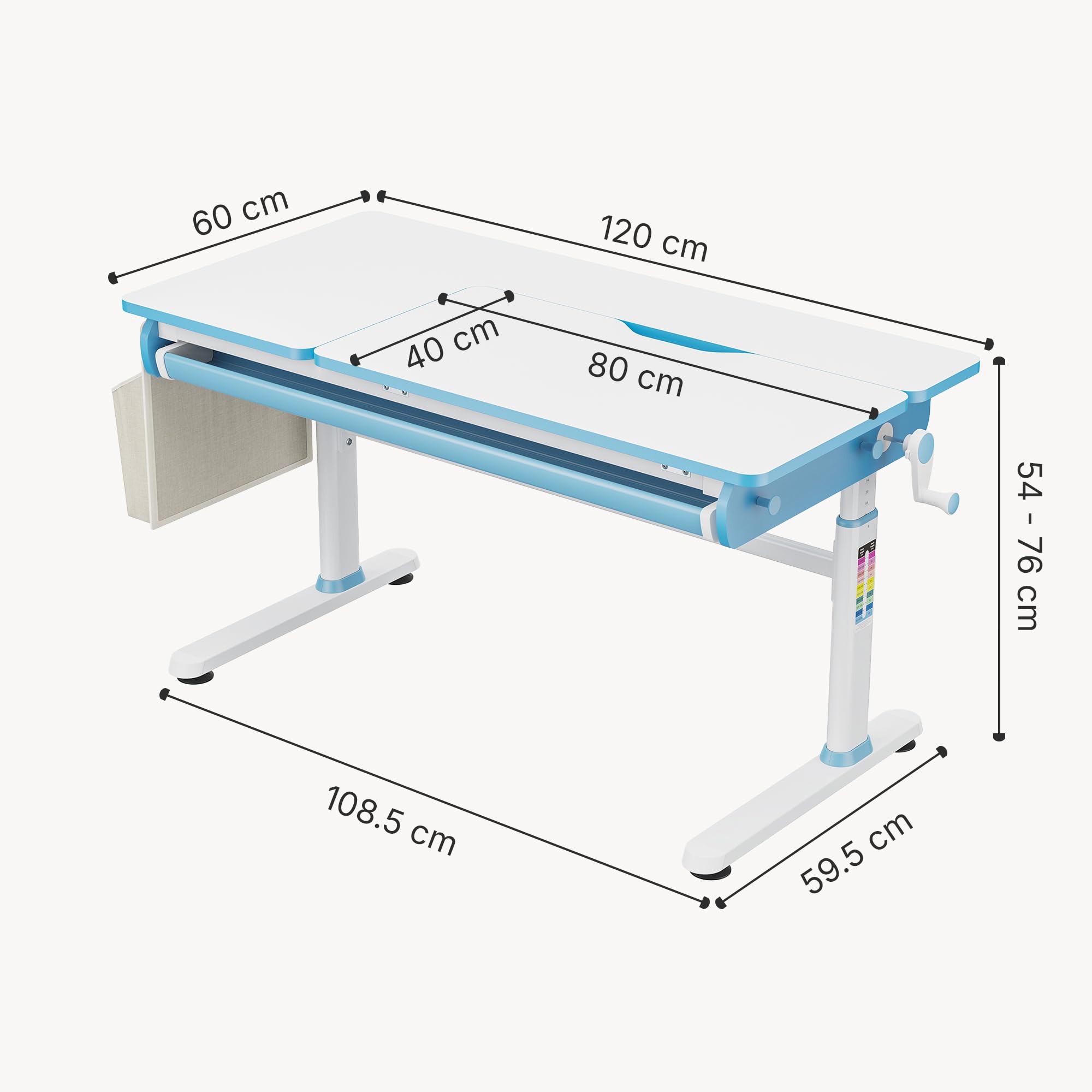 [en.casa] Scrivania Regolabile in Altezza 54–76 cm per Cameretta con Piano 120 x 60 cm Inclinabile e Cassetto Portaoggetti Tavolo Studio Disegno per Bambini Ganci Borsa Laterale - Azzurro/Bianco