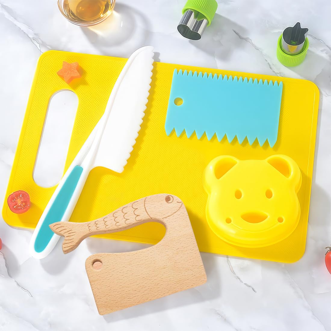 Set Cucina Montessori Per Bambini 17 Pezzi – Coltelli In Legno E Plastica, Pelapatate A Y, Tagliere, Forbici E Stampini, Sicuro - 5