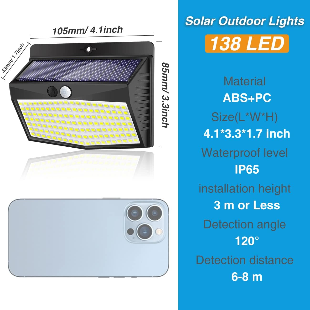 Luce Solare LED Esterno【8 Pezzi 138 LED】Faretti Solari a Led da Esterno 3 Modalità Lampada Solare da Esterno con Sensore di Movimento IP65 Impermeabile per Giardino, Parete, Risparmio Energetico