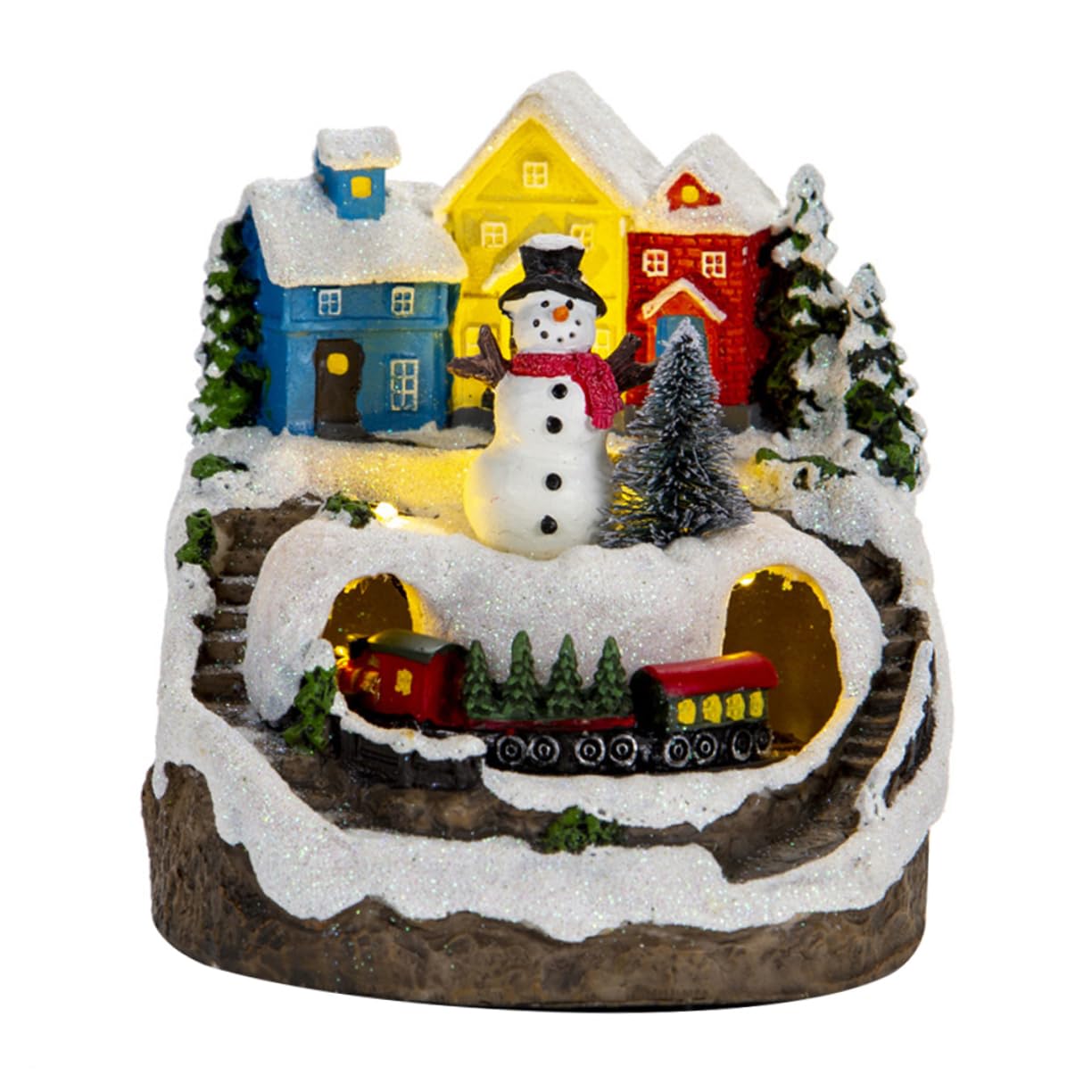 GRIRIW Music Lighted House with Animated Train Christmas Village Tabletop Decoration Holiday Ornament for Christmas Table Decorations Snowman Design