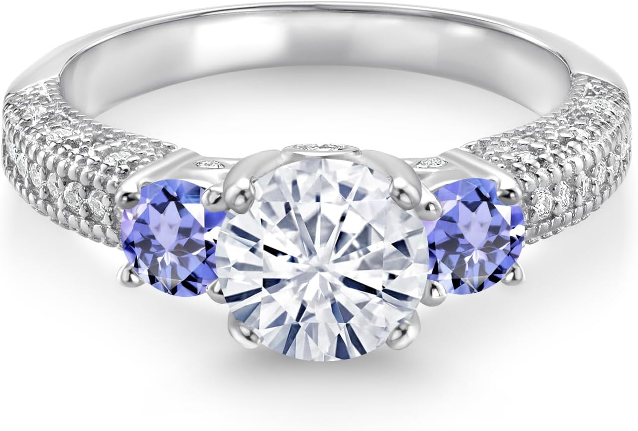 Gem Stone King 1.88 Cttw, White Moissanite and Blue Tanzanite Engagement Ring For Women | 925 Sterling Silver | Gemstone Birthstone | Round 7MM and 4MM | Available In Size 5, 6, 7, 8, 9