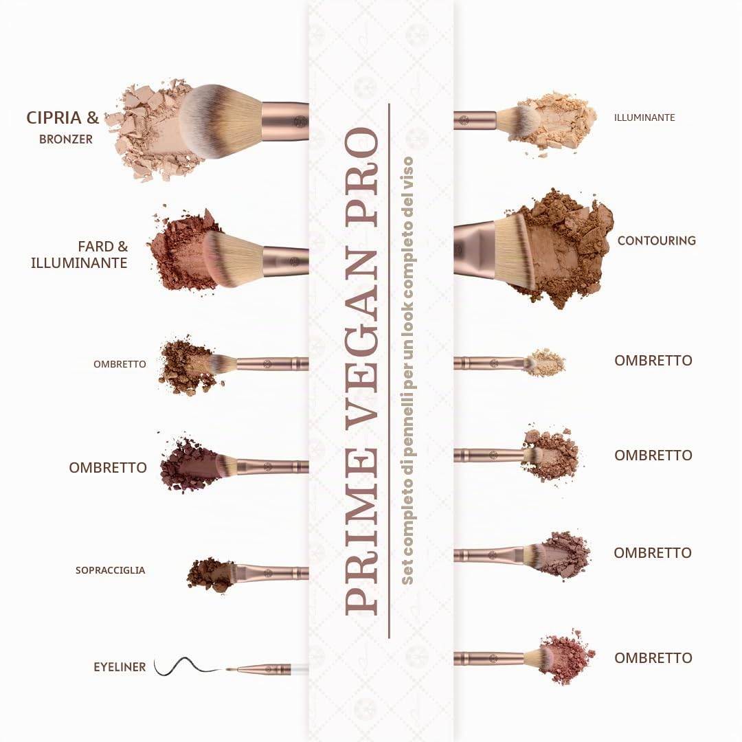 Luvia Cosmetics Pennelli Make Up Professionali Set Prime Vegan Pro, 12 Pennelli Da Trucco Con Contenitore Per Pennelli, Spugna E Tappetino Per La Pulizia Per Pennelli, Madreperla/Caffè