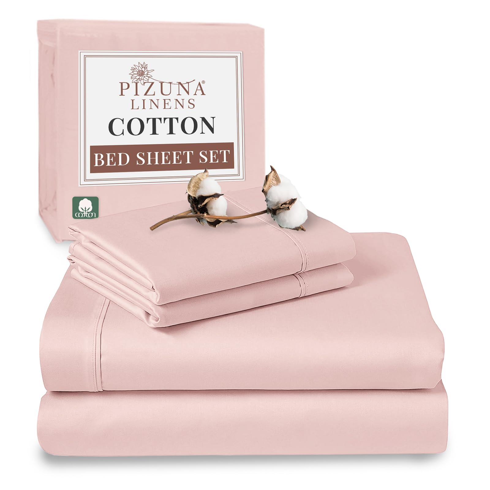 Pizuna Light Pink 100% Cotton Double Bed Sheet Set 400 Thead Count Long Staple Cotton Bedding Set 230X280 Cm, Soft Sateen 4 Pc Double Bed Sheet Set - Fitted Sheet, Flat Sheet & 2 Pillowcases
