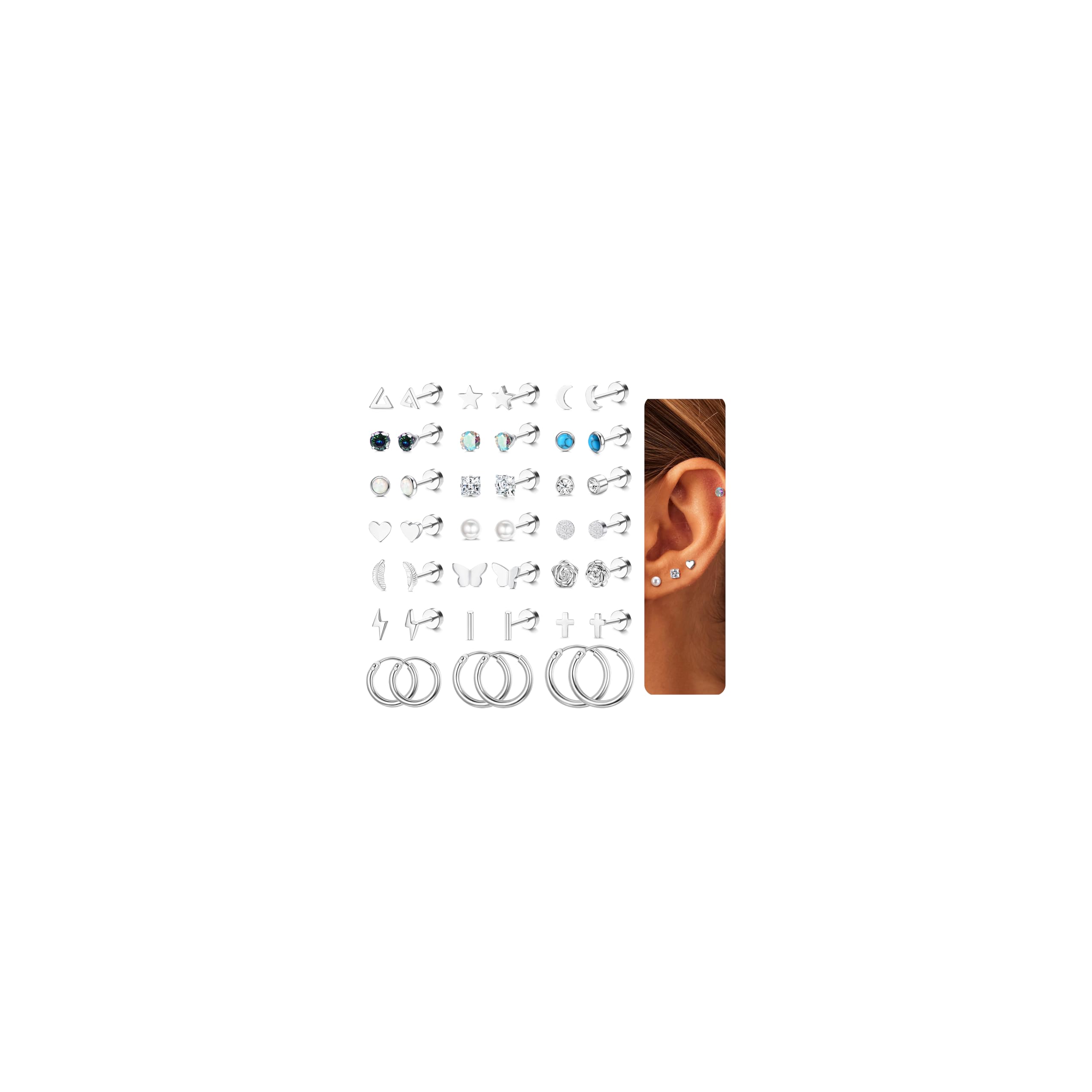 YADOCA 21 Pares Pendientes Acero Quirúrgico Pequeños Pendientes para Mujer Niña Hipoalergeniños Pendientes Estrella Luna Flor Corazón Mariposa Aros Tragus Cartílago Pendientes Joyería Piercing