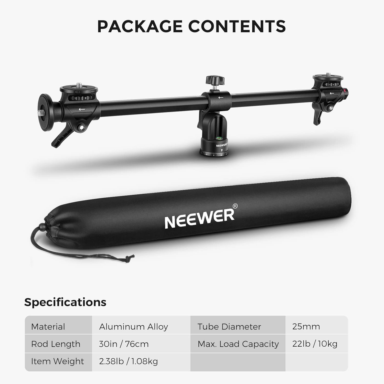NEEWER 30"/76cm Horizontal Tripod Center Axis with 3/8" Screw, Aluminum Alloy 360° Rotatable 180°Vertical Adjustable Tripod Extension Boom Arm for Camera Macro Overhead Photography (Load up to 22lb)