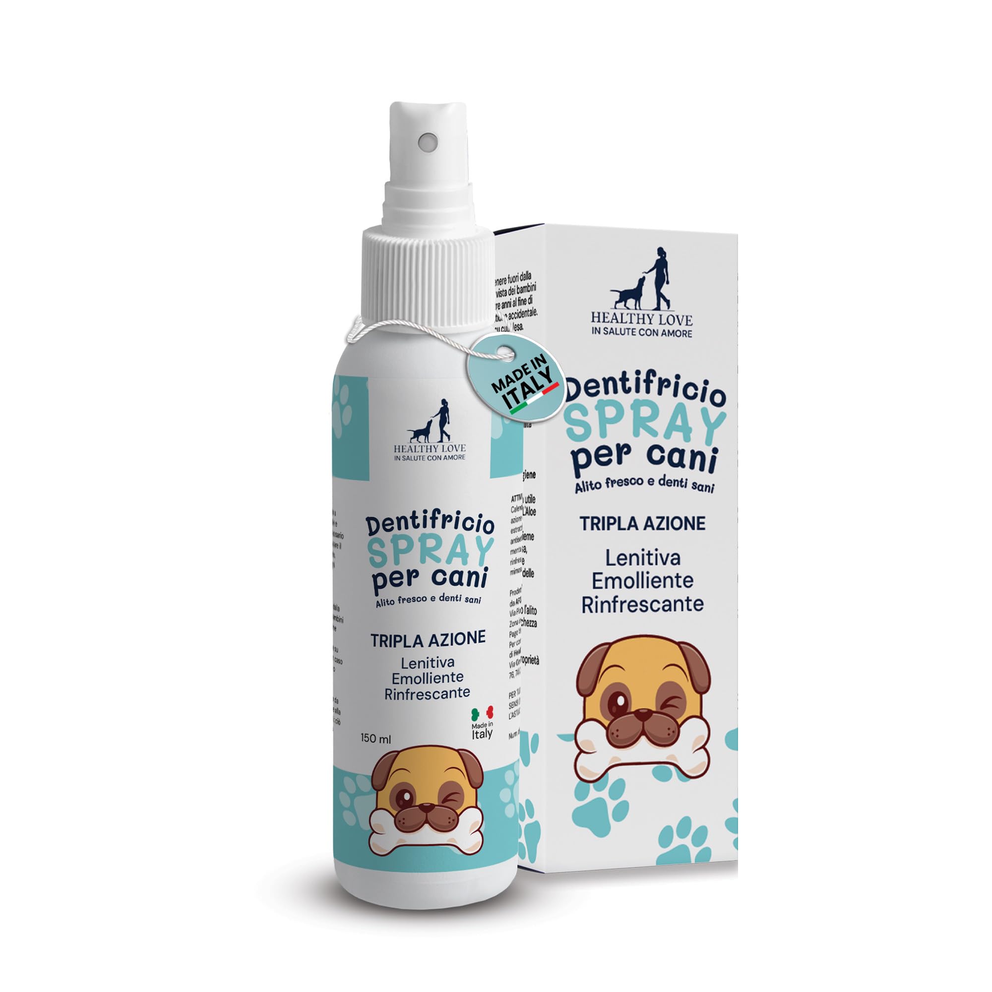 Healthy Love® - Dentifricio per Cani Spray - Pulizia Denti e Rimozione Tartaro - Igiene Orale per Alito Fresco - Formula Naturale con Aloe Bio, Calendula e Oli Essenziali - 150ml made in Italy