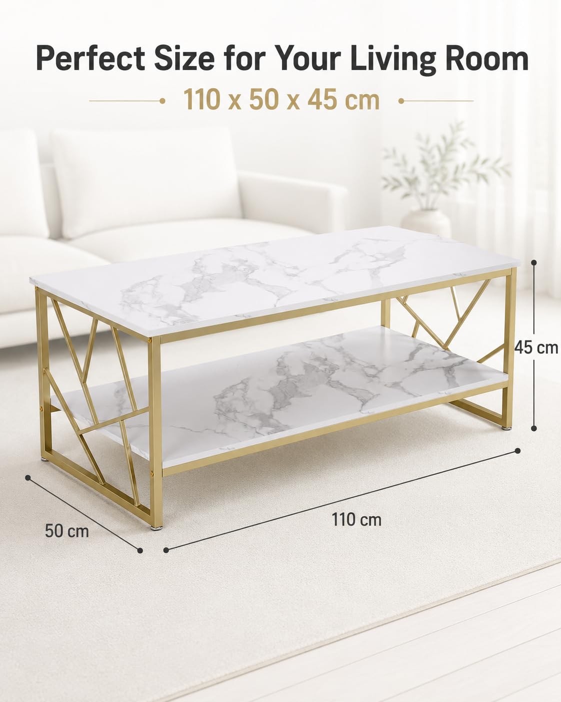Couchtisch 110x50 cm - Weißer Wohnzimmertisch mit Stauraum, MDF Marmoroptik Sofa Tische, Moderner Kaffetisch fürs Wohnzimmer