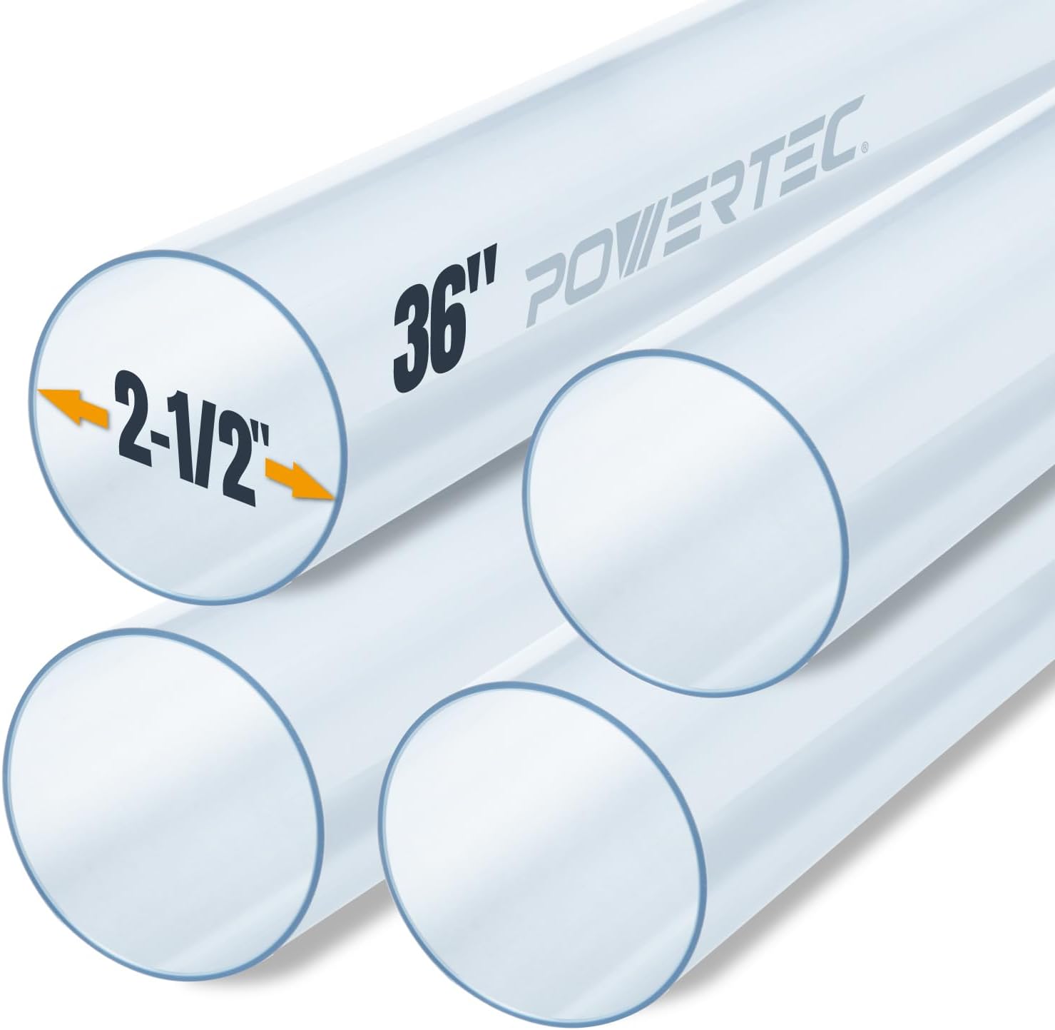POWERTEC Clear PVC Pipe 2-1/2" x 36" Long, 4PK Rigid Plastic Tubing, Round Tube Compatible w/Dust Collection Fitting, for Woodworking Tool, Dust Collection System, Toy Cars and Bird Feeder (70176-P4)