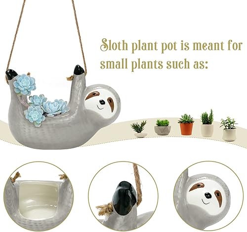 Miniatura 2 de Maceta de cerámica con perezoso, maceta colgante para suculentas, soporte para plantas colgantes de perezoso, maceta para suculentas de interior,