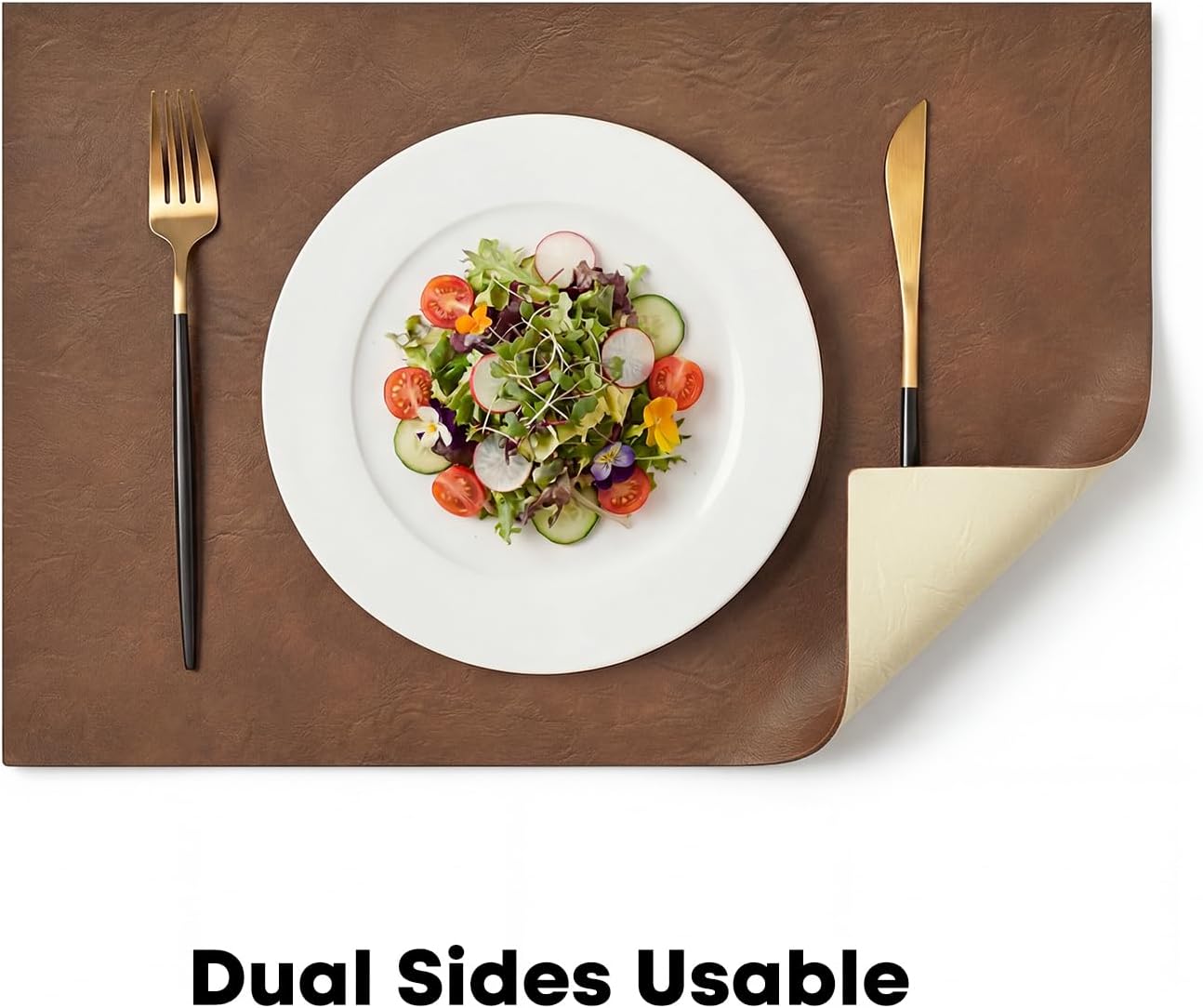 Artoid Mode Brown Faux Leather Placemats Set of 6, 12x18 Inch Waterproof Wipeable Heat Resistant Vinyl Place Mats, Reversible Table Mats for Kitchen Dining Decor