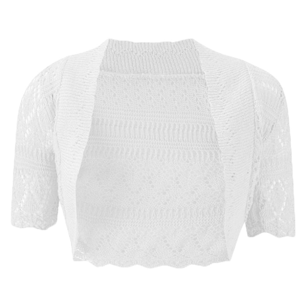 New Womens Knitted Ladies Bolero Short Sleeve Cardigan Crochet Shrug (Medium(UK12-14)(US8-10)(EU40-42), White)