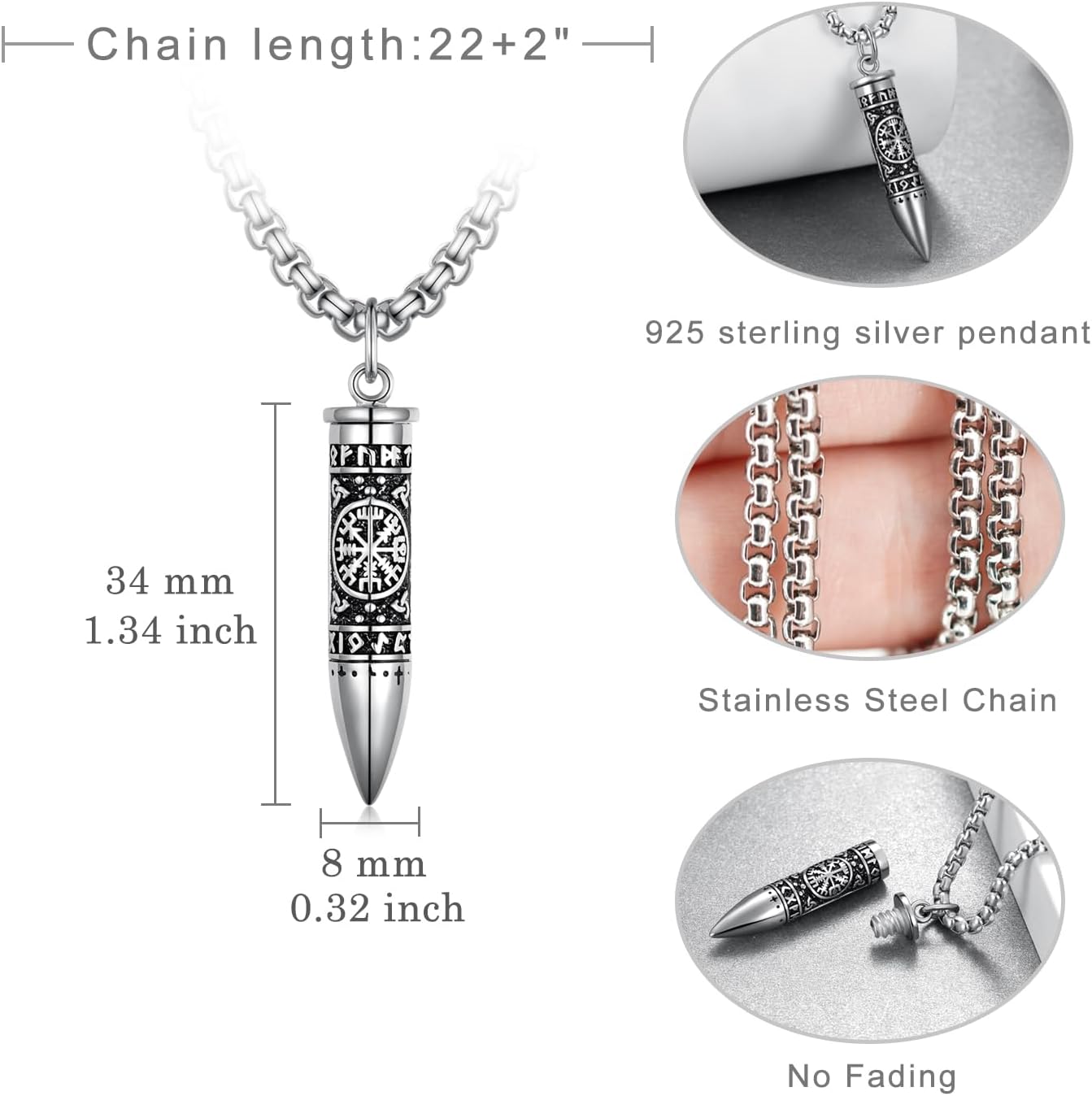 Viking Urn Necklaces for Ashes 925 Sterling Silver Bullet Cremation Urn Necklace Cremation Jewelry for Men - Image 4