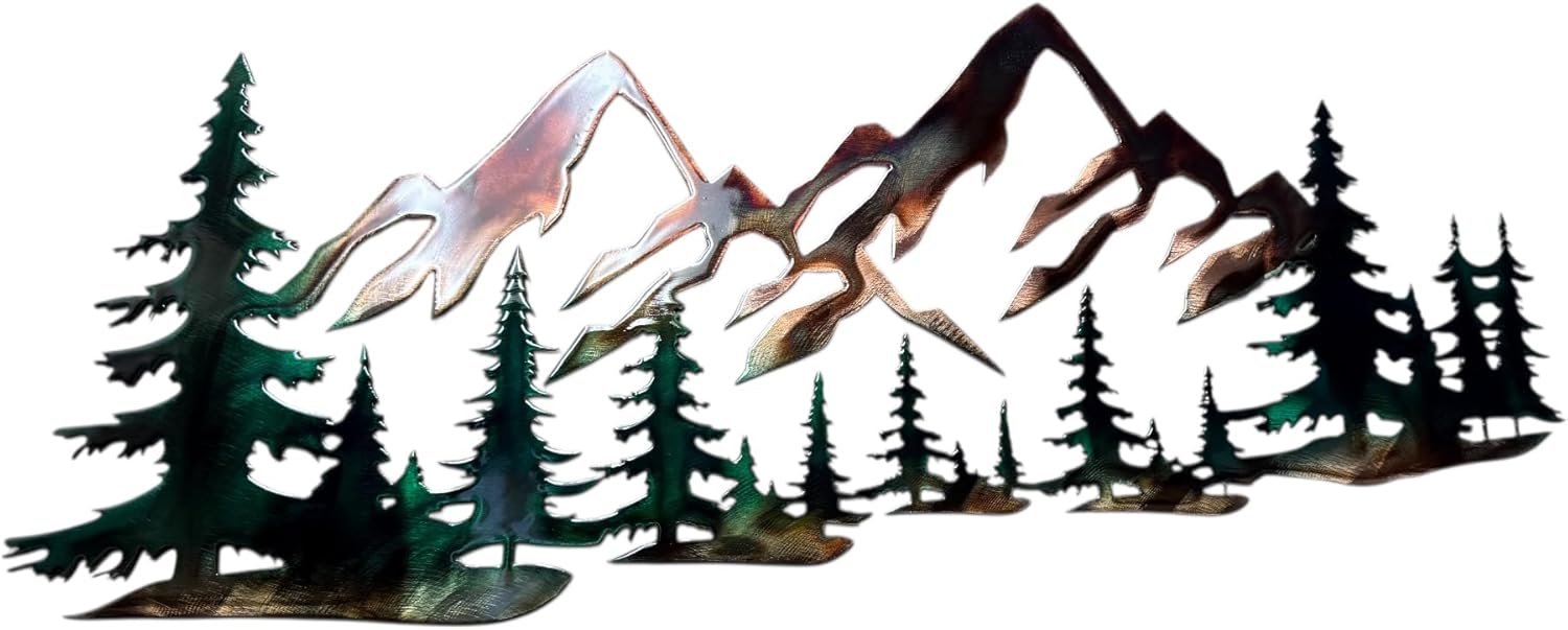 HG Artworks Copper Plated Metal Art Scene - Trees and Mountains Green Tinged (47" x 19 3/4")