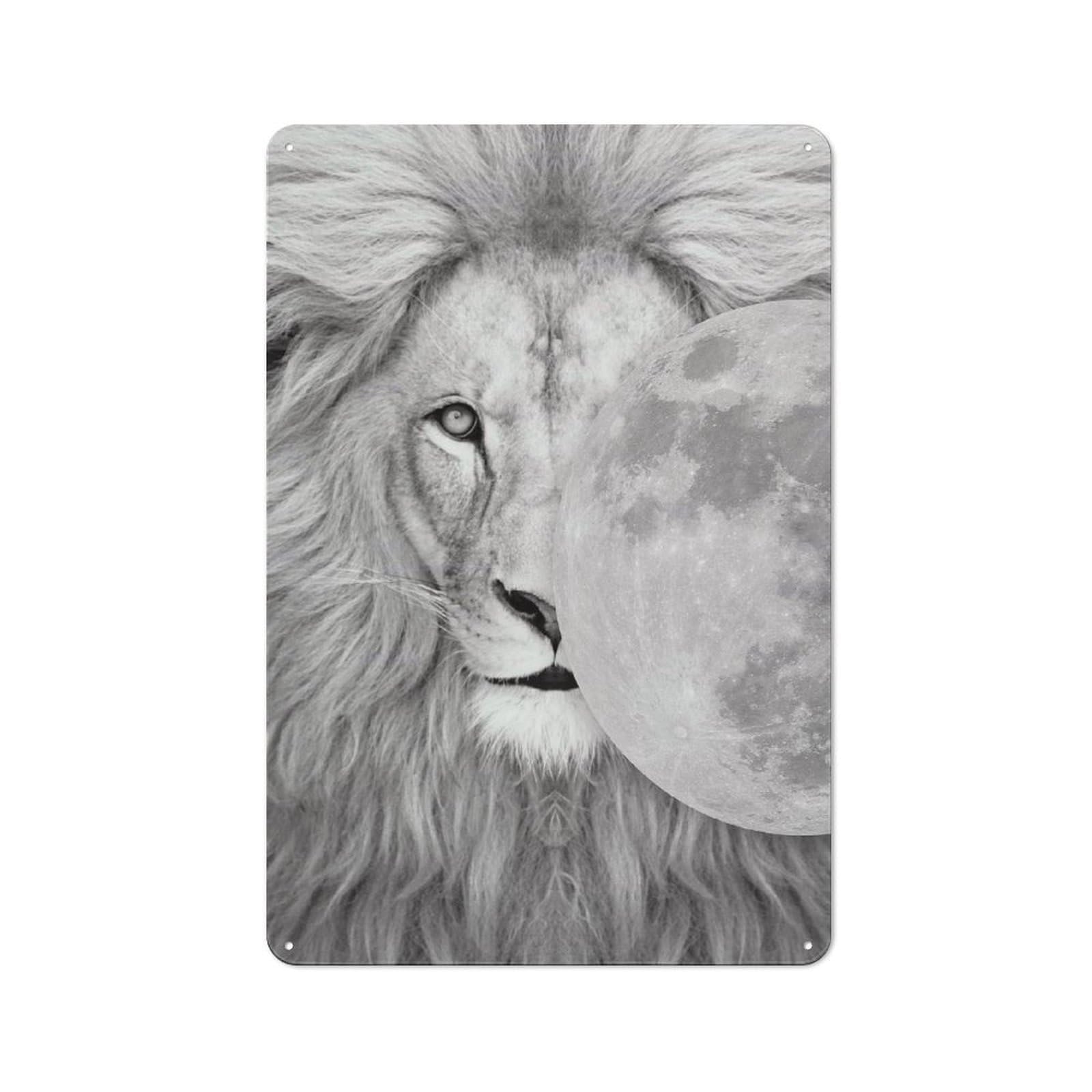 Junmoney Style White Lion Moon Poster Tin Sign 30X20cm For Living Room Wall, Rustic Wall Decor, For Living Room Decor Lovers