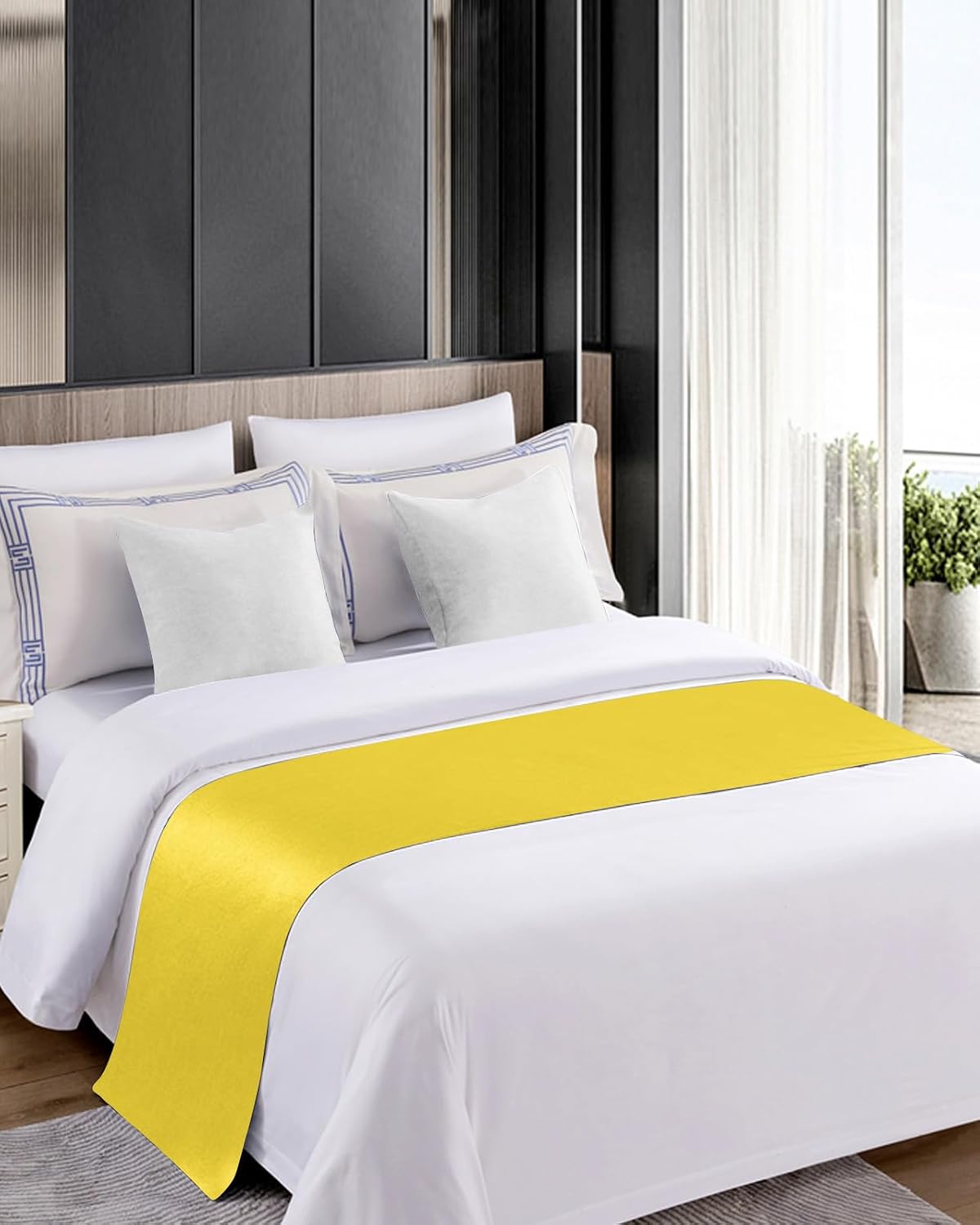 Minimalis Yellow Bed Runner Scarf Cal King Size,Luxury Bed Throw Runners & Scarves for Twin Full Queen King Foot of Bed,Bedroom Wedding Room Decoration,Original Traditional Pure Solid Color 102"x20"