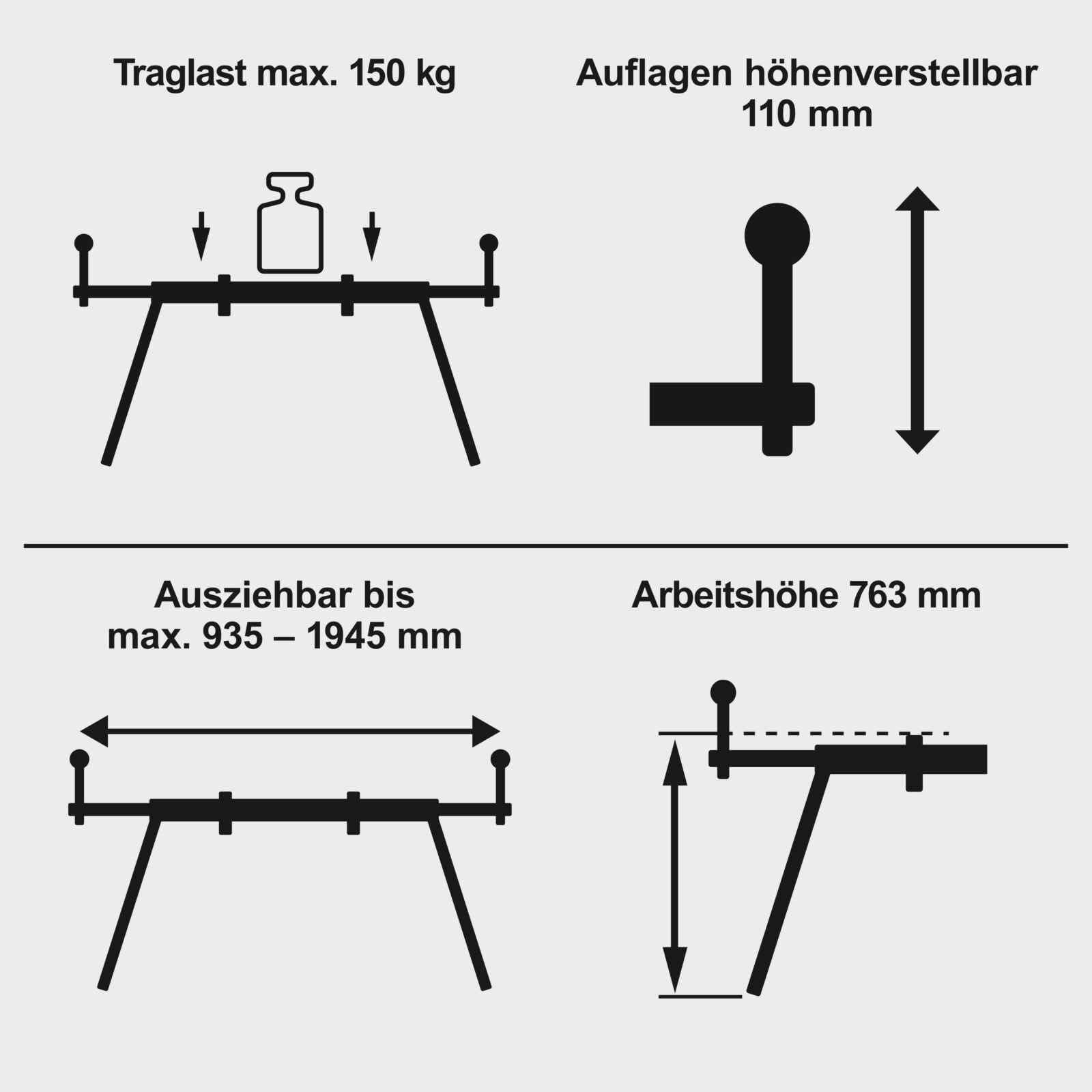 Scheppach Black Universal-Untergestell UUG1550-BE | Arbietshöhe 76,3 cm | Traglast 150 kg | Seitenverlängerung bis zu 194,5 cm | Auflagen höhenverstellbar bis 110mm