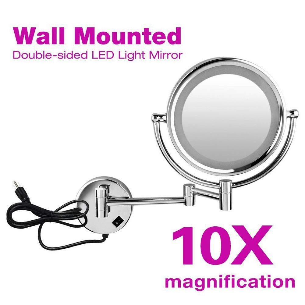 Espejo de baño de 8,5'' montado en la pared, espejo de maquillaje con iluminación LED, aumento de 10X, dos superficies giratorias, redondo, extensible y acabado cromado, espejos de afeitar c