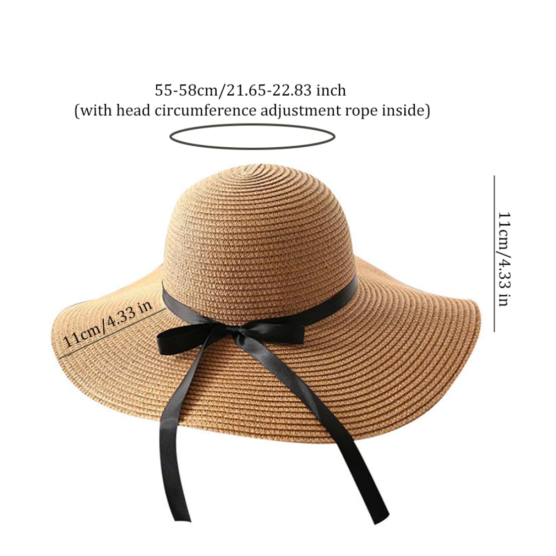Sombrero de Paja para Mujer Sombreros para el Sol Ajustables Sombrero de ala Ancha de Verano UPF 50+ Playa de Paja Plegable Enrollable para Acampar Senderismo Caqui
