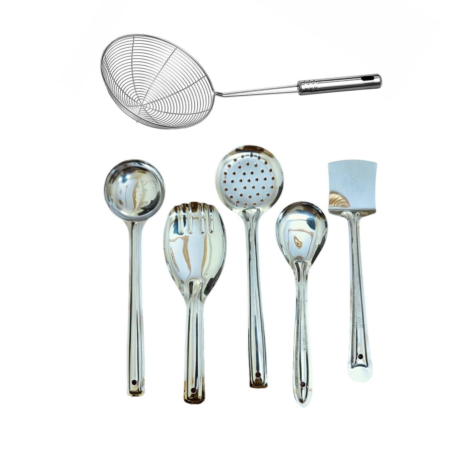 PUTHAK Stainless Steel 6 Pieces Cooking Spoons Set, Contains Ladle, Turner, Strainer, Rice Spoon, Oval Spoon, Serving Spoon, Kitchen Cooking Essential Set for Home, 6 Pcs-image-11
