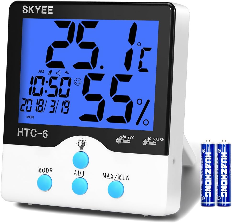 SKYEE Thermometer Hygrometer Digital Alarm Clock, Multifunction Indoor Monitor Temperature and Humidity with LCD Backlight, MIN/MAX Records,°C/°F Switch and for Home Office Greenhouse and More