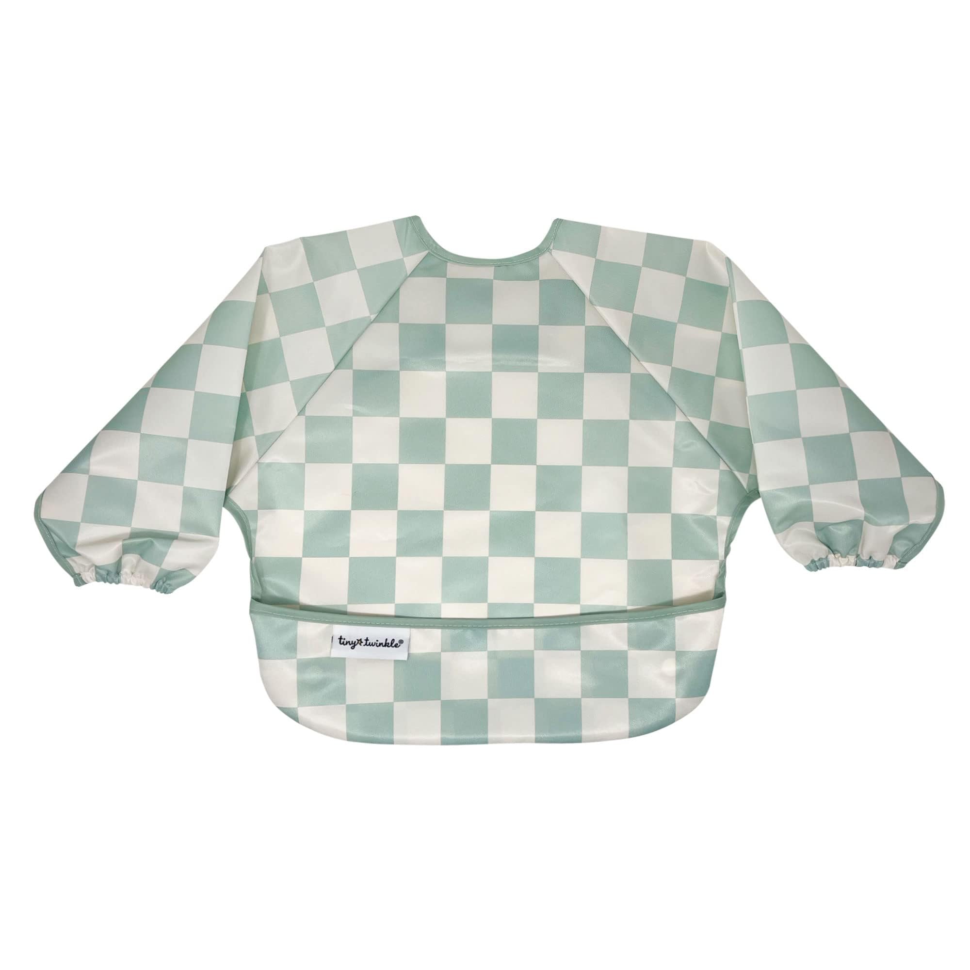 Tiny TwinkleMess Proof Baby Bib, Cute Full Sleeve Bib Outfit, Waterproof Bibs for Toddlers, Machine Washable, Tug Proof, Baby Smock for Eating, Long Sleeved (Checkers Green,Large 2-4 Years)