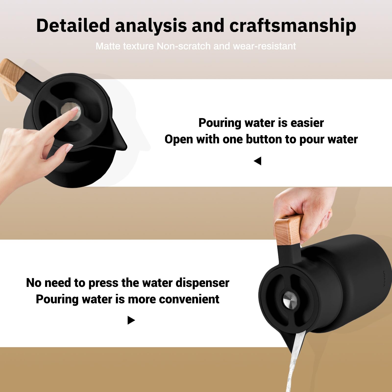 Pichet Isotherme, Thermos Sous Vide Isolé, Carafe À Café Thermique En Acier Inoxydable, Manche En Bois, Pour Le Café Au Thé Chaud Et Froid, Cuisine, Bureau, Hôtel (Noir,1300ml)