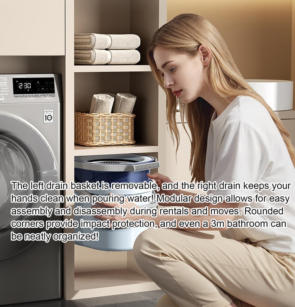 Dual-Drive Spin Mop and Bucket System – Clean/Dirty Water Separation, Foldable & Detachable Bucket, Hands-Free Wringing, Space-Saving