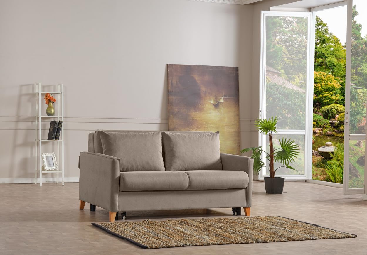 EVERGREENWEB - Divano Letto 2 posti con letto estraibile e spalliera reclinabile, Divano di design Moderno zampe di legno e cuscini in omaggio, Braccioli Slim, Materasso 140x190 - Margot Tortora