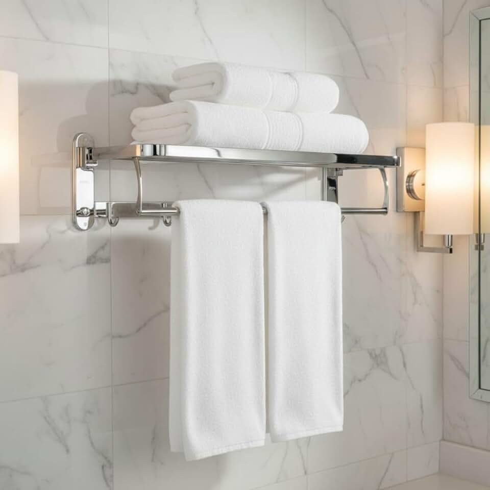 Porta Toalhas Duplo em Aço Inox Cromado Premium com Prateleira Superior e Ganchos – Toalheiro de Parede Resistente, Antiferrugem, Design Moderno para Banheiro Residencial e Hotel