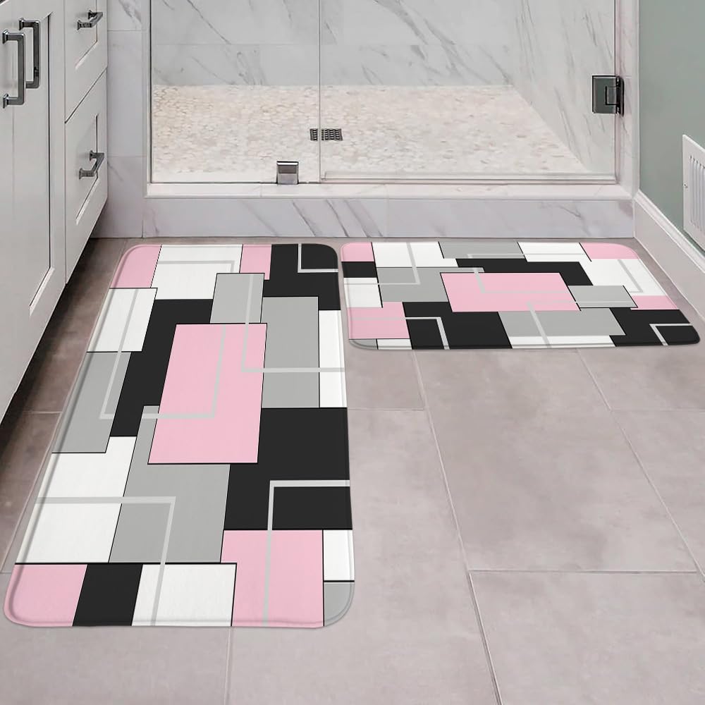 2 Piece Set Bathroom Rugs Abstract Geometric Gray Black and White Geometry Mid Century Patchwork Contemporary Fashion Simple Home Pink Bath Mat