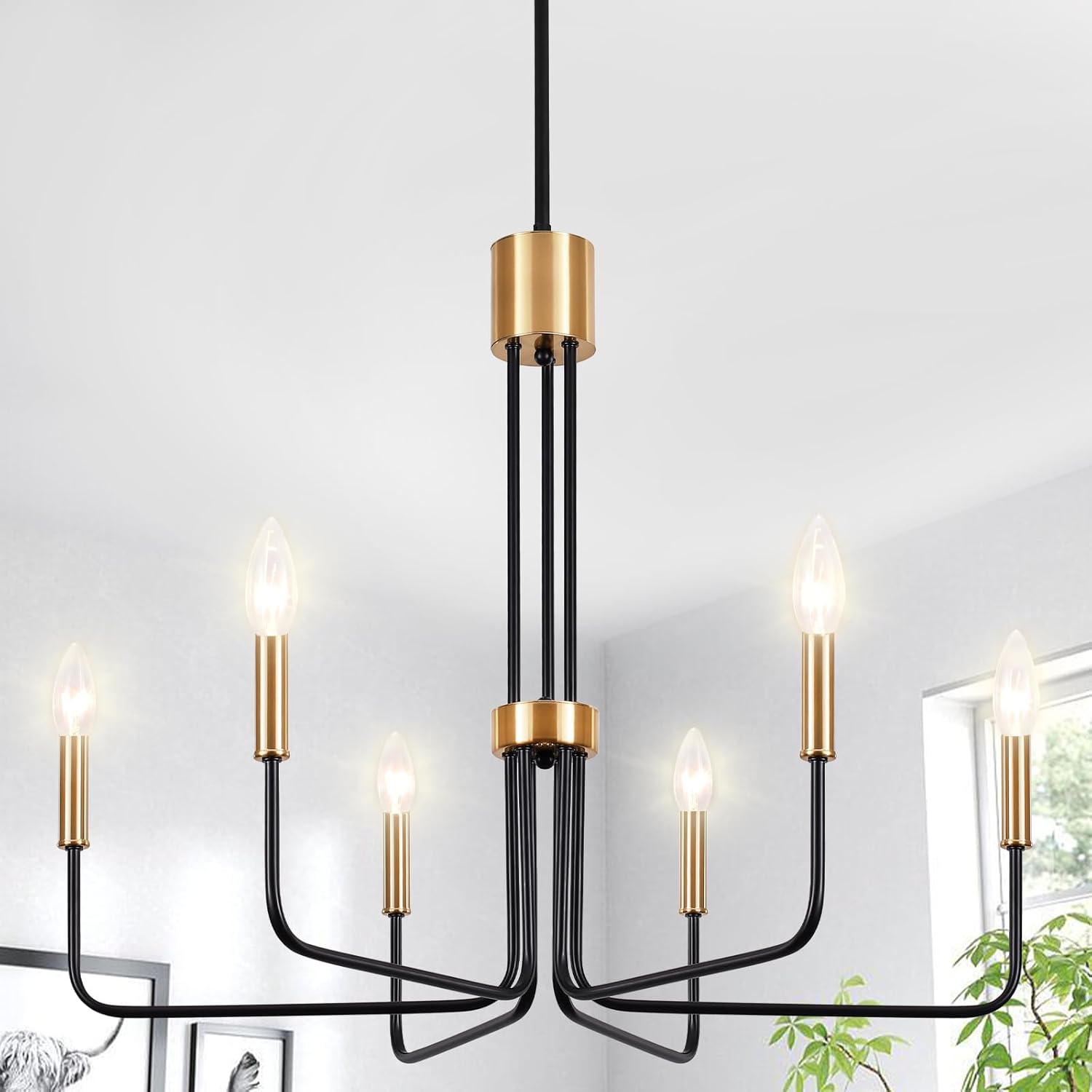 Modern Black and Gold Chandelier,6-Light Farmhouse Chandelier for Dining Room Light Fixtures Ceiling Hanging Industrial Chandelier Light Fixture for Kitchen Living Room Bedroom Entryway