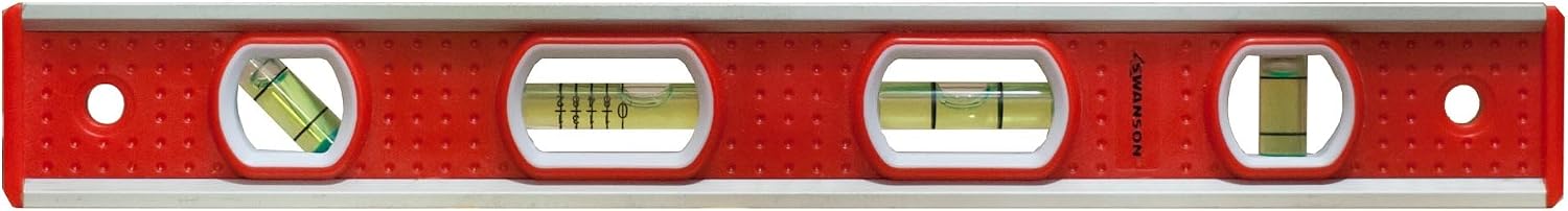 Swanson Tool Co TBL001M 12 inch Aluminum Frame Magnetic Toolbox Level with Pitch Vial, Top Read Views, with 3 Rare Earth Magnets and 4 Bubble Vials for 0°/90°/45° Measurements