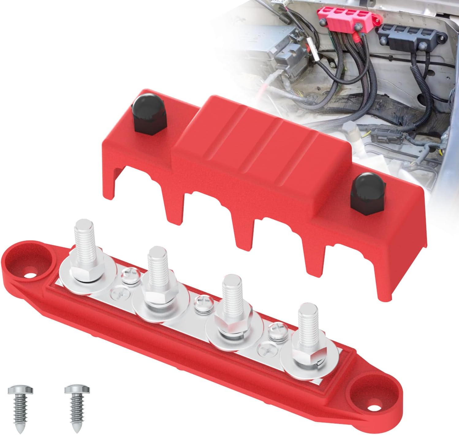 Bus Bar 250A 12V Power Distribution Block with 5/16" (M8) 4-Posts Terminals Block with Cover for Automotive, Marine, Battery System (Red)