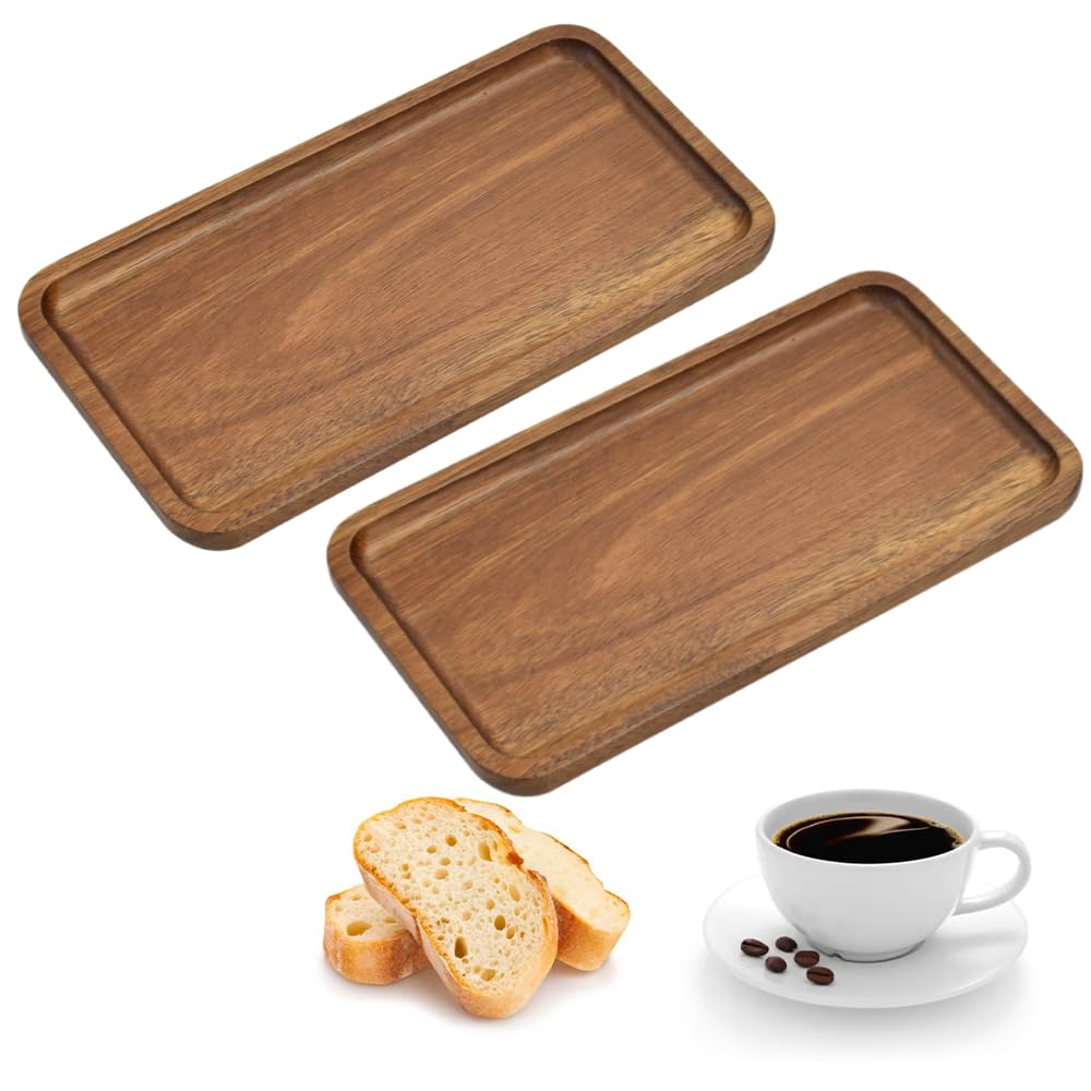 2 Plateaux Rectangulaires En Bois D'acacia Naturel - 20 X 10 X 1,5 Cm - Plateau De Service Cuisine, Salon, Salle De Bain - Déco Rustique