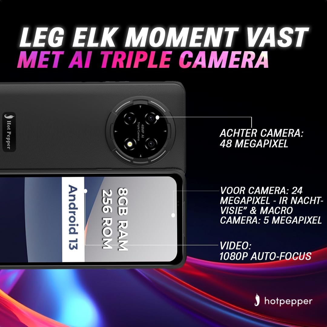 Diagram illustrating the Hot Pepper K82A's camera specifications, including a 48 Megapixel rear camera, 24 Megapixel front camera with IR night vision and macro, and a 5 Megapixel macro camera, with 1080p auto-focus video capability.